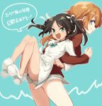  &gt;:d 2girls :d black_hair blue_background blue_eyes carrying charlotte_e_yeager choker fang francesca_lucchini green_eyes hair_ribbon kodamari long_hair long_sleeves military military_uniform multiple_girls open_mouth orange_hair panties ribbon smile speech_bubble strike_witches striped striped_panties translation_request twintails underwear uniform white_ribbon 