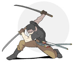  1boy absurdres belt black_boots black_hair black_shirt boots border brown_pants dual_wielding full_body gloves hair_bun highres holding holding_sword holding_weapon katana male_focus muscular muscular_male pants round_border sach56000 sheath shirt skin_tight solo sword unsheathed v-shaped_eyebrows weapon white_border yomi_no_tsugai yosano_ivan 