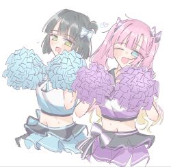  2girls :d ;d anyoji_hime black_hair blonde_hair blue_eyes blue_shirt blue_skirt blunt_bangs blunt_ends blush cheering cheerleader commentary crop_top gradient_hair green_eyes h.s.c.t._(love_live!) heart highres holding holding_pom_poms long_hair love_live! love_live!_hasu_no_sora_jogakuin_school_idol_club midriff mihasu_ll momose_ginko multicolored_hair multiple_girls navel one_eye_closed one_side_up open_mouth pink_hair pom_pom_(cheerleading) purple_shirt purple_skirt shirt short_hair simple_background skirt smile sweat twintails untranslatable_commentary virtual_youtuber white_background 