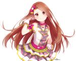  1girl absurdres bare_shoulders belt blush bow brown_eyes brown_hair check_my_note chiiririn choker hair_bow hand_on_hip heart heart_necklace highres idolmaster idolmaster_one_for_all jewelry long_hair minase_iori necklace sleeveless smile solo very_long_hair wrist_cuffs 