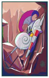  absurdres armor colored_sclera commentary_request escavalier from_side helmet highres k_h_t222 lance no_humans orange_eyes plume pokemon pokemon_(creature) pokemon_focus polearm rock weapon yellow_sclera 