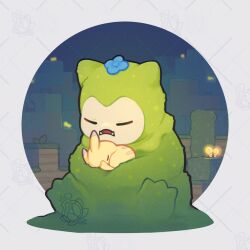  azulotus closed_eyes fangs flower flower_on_head glowing_mushroom highres moss mosslax no_humans open_mouth peakychu pikachu pokemon pokemon_(creature) pokemon_focus pokemon_pokopia sleeping snorlax tail 