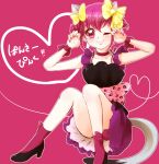  1girl ;) animal_costume animal_ears bare_shoulders bell bell_collar blush bow cat_ears cat_tail collar frilled_sleeves frills hair_bow hair_ornament hair_ribbon heart high_heels hoshizora_miyuki jingle_bell kemonomimi_mode nail panther_pink_(precure) paw_pose pink_background pink_eyes pink_hair precure purple_skirt ribbon short_hair skirt smile smile_precure! solo tail twintails wink wrist_cuffs 