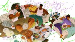  1girl 2boys arm_tattoo baptiste_(overwatch) bracelet cake can chips_(food) cinnamon_roll coffee_table commentary_request computer couch doritos drink folded_napkin food french_fries gift green_pants green_shorts guitar happy_birthday hawaiian_shirt headband highres instrument jewelry korean_commentary laptop long_hair mauga_(overwatch) mcdonald's multiple_boys muscular muscular_male on_couch overwatch ow_mmm pants pizza pizza_box purple_hair purple_pants purple_shirt screensaver shirt shorts sitting sombra_(overwatch) table tank_top tattoo uno_(game) white_hair white_tank_top 