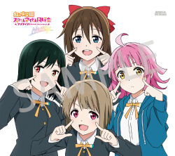  4girls ahoge anime_coloring black_jacket blue_eyes blue_hoodie blunt_bangs blunt_ends blush bob_cut bow breasts brown_hair buttons closed_mouth collared_shirt commentary_request copyright_logo copyright_notice dot_nose dress_shirt fang fingers_to_cheeks green_hair hair_between_eyes hair_bow hand_on_own_cheek hand_on_own_face hands_up hood hood_down hoodie index_fingers_raised jacket kishimen_hair logo long_hair long_sleeves looking_at_viewer love_live! love_live!_nijigasaki_high_school_idol_club medium_breasts medium_hair mifune_shioriko multiple_girls nakasu_kasumi neck_ribbon nijigasaki_1st_years nijigasaki_school_uniform not_for_sale official_art open_clothes open_hoodie open_mouth osaka_shizuku pink_hair red_bow red_eyes ribbon sample_watermark school_uniform shirt short_hair simple_background smile straight-on teeth tennoji_rina upper_body upper_teeth_only v-shaped_eyebrows watermark white_background white_shirt winter_uniform yellow_eyes yellow_ribbon 