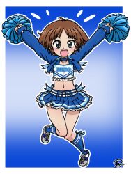 1girl blue_background blue_eyes blush breasts brown_hair cheerleader commentary_request full_body girls_und_panzer gradient_background japan_ground_self-defense_force japan_self-defense_force looking_at_viewer midriff miniskirt navel open_mouth pom_pom_(cheerleading) sakaguchi_karina short_hair simple_background skirt small_breasts smile solo takahashi_kurage