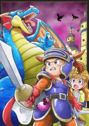  armor belt belt_buckle blue_armor blue_eyes blue_helmet bodysuit breastplate brown_belt buckle cape castle chimaera_(dragon_quest) claws clenched_teeth clouds cloudy_sky colored_sclera commentary_request dracky dragon dragon_lord dragon_quest dragon_quest_i dress eyes_in_shadow fake_horns faulds fins flag gloves hands_up head_fins helmet hero_(dq1) hiro68 holding holding_sword holding_weapon horned_helmet horns interlocked_fingers long_hair looking_at_another monster open_mouth orange_bodysuit orange_hair orange_horns own_hands_clasped own_hands_together princess_laura purple_sky raised_inner_eyebrows red_cape red_eyes red_gloves sharp_teeth shoulder_armor sky smile standing sword teeth tiara tongue tongue_out two-sided_cape two-sided_fabric v-shaped_eyes visor_(armor) visor_lift weapon white_cape white_gloves yellow_dress yellow_sclera 