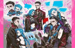  1boy 1girl arcane:_league_of_legends arcane_jinx bandages black_hair black_sclera blue_eyes blue_hair boots braid clipboard coat colored_sclera fang garasumado graffiti grey_hair highres hug jinx_(league) league_of_legends linea_alba long_hair midriff navel nervous_sweating red_eyes scar scar_on_face silco_(arcane) sitting sitting_on_person smile sweat tattoo twin_braids very_long_hair wrapped_hair 
