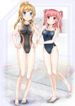  2girls blonde_hair blue_eyes brown_eyes competition_swimsuit highleg highleg_swimsuit highres multiple_girls one-piece_swimsuit original pink_hair ponytail reiji-sss school_swimsuit swimsuit twintails 