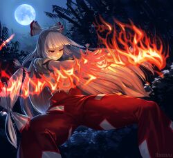  1girl absurdres arm_belt arm_strap artist_name baggy_pants bamboo bamboo_forest blunt_bangs bow english_commentary feet_out_of_frame fighting_stance fire forest fujiwara_no_mokou full_moon grin hair_bow highres ibissuudowell legs_apart long_hair moon multiple_hair_bows nature night ofuda ofuda_on_clothes outdoors pants red_eyes red_pants shirt short_sleeves sky sleeve_garter smile solo standing suspender_pants suspenders teeth touhou v-shaped_eyebrows very_long_hair white_hair white_shirt 