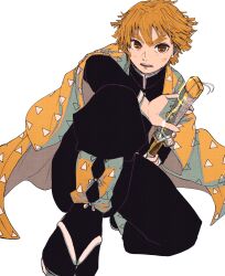  1boy agatsuma_zenitsu black_pants black_socks commentary_request demon_slayer_uniform flip-flops haori highres holding holding_sheath holding_sword holding_weapon ikuno_taso japanese_clothes kimetsu_no_yaiba male_focus on_one_knee orange_eyes orange_hair orange_haori pants sandals sheath socks solo sword thick_eyebrows unsheathing v-shaped_eyebrows weapon 