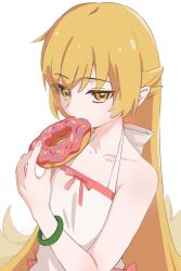  1girl bare_shoulders blonde_hair bracelet collarbone commentary_request doughnut dress eating food highres holding holding_donut holding_food jewelry long_hair looking_down monogatari_(series) oshino_shinobu pointy_ears solo upper_body user_cuse4447 vampire very_long_hair white_background white_dress yellow_eyes 