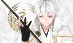  1boy gloves japanese_clothes jewelry necklace shigamaru smile sword touken_ranbu tsurumaru_kuninaga_(touken_ranbu) weapon white_hair yellow_eyes 