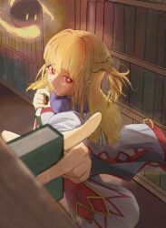  1girl agni_(ragnarok_online) blonde_hair book bookshelf braid celia_alde commentary_request cowboy_shot dress elemental_(creature) fingernails fire_elemental hair_intakes half_up_braid highres hinatitayu holding holding_book indoors layered_dress library long_hair long_sleeves looking_at_viewer looking_back official_alternate_costume open_mouth ragnarok_online red_dress red_eyes solo sorcerer_(ragnarok_online) white_dress yellow_pupils 