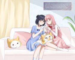  2girls ahoge animal ankle_socks bare_arms black-haired_stylist_(shining_nikki) black_hair bloom_poetry_(shining_nikki) blue_dress blue_socks bluey bow_print brown_eyes cat cat-shaped_pillow cellphone cloak closed_mouth clothed_animal clothes_writing collarbone collared_shirt commentary couch covered_mouth cross-laced_socks curtains doomscrolling downturned_eyes dress dress_ribbon ear_covers english_commentary english_text expressionless eyelashes frilled_shirt_collar frilled_sleeves frills game_screenshot_inset hair_bun head_tilt high_collar highres holding holding_phone hood hood_up hooded_cloak indoors knees light_blush light_frown living_room long_hair long_sidelocks long_sleeves medium_dress momo_(nikki) multiple_girls nikki_(nikki) nikki_(series) nonoberry22 on_couch petting phone pinafore_dress pink_dress pink_hair plaid_clothes plaid_dress plant pleated_dress pleated_skirt pleated_sleeves potted_plant print_dress red_ribbon ribbon screenshot_inset shining_nikki shirt short_hair short_sleeves sidelocks single_hair_bun sitting skirt sleeveless sleeveless_dress smartphone socks square_neckline stylist_(nikki) tareme very_long_hair wavy_hair whiskers white_cat white_shirt white_socks yellow_cloak yellow_eyes yokozuwari 