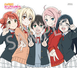  5girls ahoge anime_coloring black_hair black_jacket black_shirt blonde_hair blue_eyes blunt_bangs blush braid braided_base breasts bun_with_braided_base buttons cardigan closed_mouth collared_shirt commentary_request copyright_logo copyright_notice cowboy_shot dot_nose double_v dress_shirt forehead gradient_hair green_eyes green_hair grey_eyes grey_skirt grey_sweater_vest gyaru_v hair_between_eyes hair_bun hair_ornament hairclip half_updo height_difference jacket logo long_hair long_sleeves looking_at_viewer looking_to_the_side love_live! love_live!_nijigasaki_high_school_idol_club medium_breasts medium_hair miyashita_ai mole mole_under_eye multicolored_hair multiple_girls neck_ribbon nijigasaki_2nd_years nijigasaki_school_uniform not_for_sale official_art open_cardigan open_clothes open_jacket open_mouth orange_cardigan orange_eyes parted_bangs pink_hair plaid_clothes plaid_skirt pleated_skirt ponytail red_cardigan red_ribbon ribbon sample_watermark school_uniform shirt sidelocks simple_background single_side_bun skirt smile sweater_vest swept_bangs symmetrical_pose takasaki_yu tareme teeth twintails two_side_up uehara_ayumu upper_teeth_only v v-neck v-shaped_eyebrows v_over_eye watermark white_background white_shirt white_skirt winter_uniform yellow_eyes yuki_setsuna zhong_lanzhu 