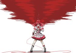  1girl audio_visualizer belt black_belt black_boots boots breasts cable commentary_request drill_hair full_body grey_jacket grey_skirt hand_up highres holding holding_microphone jacket kasane_teto kasane_teto_(sv) knee_boots korean_commentary lace-up_boots long_hair long_sleeves looking_at_viewer medium_skirt microphone microphone_cord na_manga00 red_eyes red_hair red_skirt red_trim screaming shoulder_belt simple_background skirt small_breasts solo standing straight-on synthesizer_v twin_drills two-tone_skirt v-shaped_eyebrows white_background 