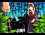  1boy 1girl blue_pants blue_sky blurry brooch depth_of_field dress gothic_lolita highres jewelry key keychain letterboxed lolita_fashion original plant purple_hair silhouette sky solo_focus sunlight tagme tree violet_eyes ying_dou 