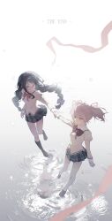  2girls absurdres akemi_homura bilibili_logo bilibili_username black_hair black_skirt bow bowtie braid chinese_commentary commentary_request geezhii glasses highres holding_hands juliet_sleeves kaname_madoka long_hair long_sleeves mahou_shoujo_madoka_magica mahou_shoujo_madoka_magica_(anime) multiple_girls pink_eyes pink_hair plaid_clothes plaid_skirt pleated_skirt puffy_sleeves red_bow red_bowtie short_hair skirt sweater the_end_(phrase) thigh-highs twin_braids twitter_username twitter_x_logo violet_eyes white_thighhighs yellow_sweater 