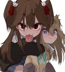  2girls :3 anannnse black_cardigan black_thighhighs blue_eyes blue_skirt brown_hair cardigan commentary english_commentary evil_neuro-sama evil_neuro-sama_(1st_costume) from_side hair_between_eyes highres long_hair long_sleeves looking_at_viewer multiple_girls neuro-sama neuro-sama_(1st_costume) pleated_skirt pout red_eyes shirt siblings simple_background sisters skirt thick_eyebrows thigh-highs tongue tongue_out twins two_side_up vedal_ai virtual_youtuber white_background white_shirt yellow_cardigan 