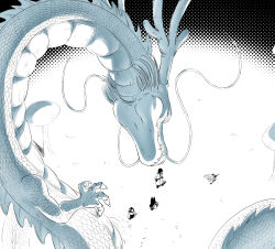  1girl amayuki318 animal_ears arm_up belt black_background black_hair boots claws coat commentary_request dog_boy dog_ears dotted_background dougi dragon dragon_ball dragon_ball_(classic) dragon_horns eastern_dragon eastern_dragon_horns fangs floating from_above gloves hat highres holster horns long_eyelashes long_hair looking_down mai_(dragon_ball) oolong partially_colored pig_boy pig_ears pilaf running scabbard screaming sheath shenron_(dragon_ball) shuu_(dragon_ball) sidelocks simple_background talking trench_coat white_background 