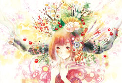  1girl arrow_(projectile) bamboo blunt_bangs blush branch brown_eyes brown_hair cherry_blossoms commentary_request daruma_doll hamaya hand_to_own_mouth hands_up hutaba_cho kadomatsu kouhaku_nawa looking_ahead new_year original painting_(medium) pink_background portrait rope shimenawa smile solo traditional_media watercolor_(medium) yellow_background 