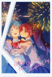 2girls blue_hair bow closed_eyes commentary english_commentary fireworks hair_ornament hair_ribbon hairclip hand_on_another's_arm hand_on_another's_back hand_on_another's_shoulder highres long_sleeves mahou_shoujo_madoka_magica mahou_shoujo_madoka_magica:_hangyaku_no_monogatari miki_sayaka mitakihara_school_uniform multiple_girls open_mouth plaid_clothes plaid_skirt ponytail red_bow red_eyes red_hair ribbon sakura_kyoko school_uniform skirt smile yuri ziyin
