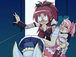 3girls bare_shoulders bishoujo_senshi_sailor_moon black_ribbon blush bow commentary_request hair_bow hair_ribbon implied_pantyshot kaname_madoka kaname_madoka_(magical_girl) magical_girl mahou_shoujo_madoka_magica mahou_shoujo_madoka_magica:_walpurgis_no_kaiten miki_sayaka miki_sayaka_(magical_girl) multiple_girls parody pink_bow pink_hair ponytail red_eyes red_hair ribbon sakura_kyoko sakura_kyoko_(magical_girl) scene_reference shadow_(modeler3622) sweat twintails yuri