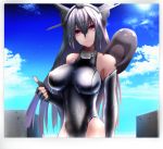  1girl alternate_costume big.g black_gloves elbow_gloves fingerless_gloves gloves grey_hair headgear highres i-class_destroyer kantai_collection long_hair looking_at_viewer nagato_(kantai_collection) photo smile swimsuit thumbs_up violet_eyes wet wet_clothes 