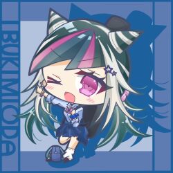  >_o 1girl alternate_costume alternate_hairstyle bag black_hair blue_background blue_bag blue_border blue_hair blue_scrunchie blue_skirt blue_streaks blush border bracelet brown_shoes character_charm character_name charm_(object) chibi chibi_only clothes_around_waist collared_shirt commentary_request danganronpa_(series) danganronpa_2:_goodbye_despair drop_shadow ear_piercing eyelashes face_piercing full_body guitar_case hair_horns hair_ornament hair_scrunchie holding_strap instrument_case jewelry long_hair long_sleeves loose_socks mioda_ibuki misa_(usaginosakura) monokuma mouth_piercing multicolored_hair one_eye_closed open_mouth piercing pink_eyes pink_hair pink_scrunchie pink_streaks scrunchie shirt shoes skirt smile socks solo standing standing_on_one_leg star_(symbol) star_hair_ornament streaked_hair twintails white_hair white_shirt white_socks wrist_scrunchie 
