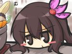  1girl blush_stickers brown_eyes brown_hair commentary_request gomasamune hair_ornament head_rest kantai_collection kisaragi_(kantai_collection) long_hair looking_at_viewer pout sketch solo translation_request 