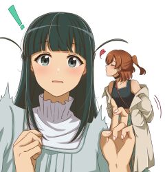  ! 2girls aijo_karen arms_behind_back artist_collaboration bag black_choker blue_dress blunt_bangs blush brown_coat brown_hair choker clenched_hand closed_eyes closed_mouth coat coat_partially_removed collarbone commentary dot_nose dress english_commentary expressive_hair facing_to_the_side green_eyes green_hair green_pants hands_up heart high_collar highres long_hair long_sleeves looking_at_viewer midriff_peek motion_lines multiple_girls official_alternate_costume one_side_up open_clothes open_coat pants parted_lips perspective profile puckered_lips rectangular_mouth rissuuu sapphi_(sky_dreamsky) shirt short_hair shoujo_kageki_revue_starlight shoulder_bag simple_background sleeveless sleeveless_shirt trembling tsuyuzaki_mahiru two_side_up v white_background white_trim yuri 