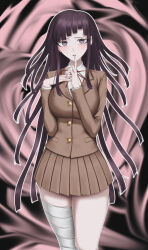 1girl abstract_background absurdres bandaged_leg bandages blush breasts brown_jacket brown_skirt buttons collared_shirt commentary_request cowboy_shot danganronpa_(series) danganronpa_3_(anime) eyelashes finger_to_mouth highres hope's_peak_academy_school_uniform index_finger_raised jacket koha_2652 long_hair long_sleeves neck_ribbon outline purple_hair red_ribbon ribbon school_uniform shirt skirt solo tsumiki_mikan variant_set very_long_hair violet_eyes white_outline white_shirt 