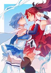 2girls black_thighhighs blue_eyes blue_hair cape commentary_request detached_sleeves dress eye_contact hair_ribbon hand_on_another's_back highres holding_hands looking_at_another magical_girl mahou_shoujo_madoka_magica mahou_shoujo_madoka_magica_(anime) miki_sayaka miki_sayaka_(magical_girl) miniskirt multiple_girls off_shoulder ponytail red_eyes red_hair ribbon sakura_kyoko sakura_kyoko_(magical_girl) simple_background skirt sleeveless sleeveless_dress thighhighs white_cape white_thighhighs yuri ziyin