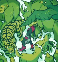  1boy beast_boy_(dc) bird chicken colored_skin commentary covered_eyes dc_comics dog english_commentary fang feathers gorilla green_bird green_dog green_feathers green_fur green_skin highres octopus rhinoceros rooster teen_titans tentacles the_noodle_(onebadnoodle) tiger 