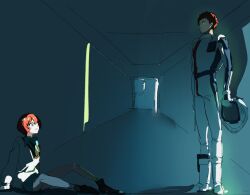  1boy 1girl amate_yuzuriha amuro_ray are_you_my_master black_boots boots brown_hair char's_counterattack closed_mouth cockpit collared_shirt commentary_request fate/stay_night fate_(series) gundam gundam_gquuuuuux helmet holding holding_unworn_helmet looking_at_another mecha_pilot_suit mobile_suit normal_suit_(gundam) parody pokosari_00 red_hair science_fiction shirt short_hair spacesuit standing unworn_headwear unworn_helmet 