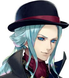  1boy alonzo_(metaphor:_refantazio) black_hat blue_eyes blue_hair bowler_hat hat highres looking_at_viewer metaphor:_refantazio official_art portrait simple_background soejima_shigenori solo transparent_background 