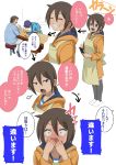  1girl a196953 apron blue_eyes blush brown_hair fang genderswap grin gundam gundam_build_fighters gundam_build_fighters_try hoodie kousaka_yuuma ponytail ramba_ral sakai_minato scrunchie smile 