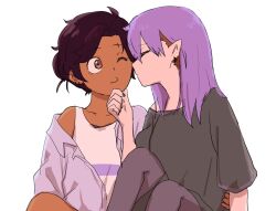  2girls amity_blight bare_shoulders black_shirt brown_eyes brown_hair closed_eyes dark-skinned_female dark_skin earrings grabbing_another's_chin hand_on_another's_chin imminent_kiss ini_yoy jewelry luz_noceda multiple_girls one_eye_closed pointy_ears purple_hair shirt short_sleeves simple_background single_off_shoulder tank_top the_owl_house white_background white_tank_top yuri 