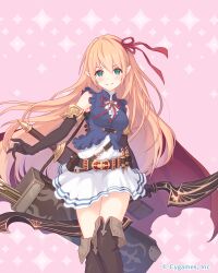  1girl absurdres arisa_(shadowverse) belt blonde_hair boots bow_(weapon) breasts brown_boots brown_gloves cloak commentary_request company_name copyright_notice cygames elbow_gloves elf floating_clothes floating_hair gloves green_eyes hair_between_eyes hair_ribbon highres holding holding_bow_(weapon) holding_weapon light_smile long_hair looking_at_viewer official_art pointy_ears princess_connect! red_cloak red_ribbon ribbon second-party_source skirt sleeveless solo tachi-e thigh_boots thighs very_long_hair weapon 