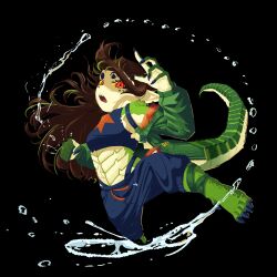  1girl absurdres beastiez black_background black_pants black_shirt brown_hair clenched_hand colored_sclera crocodile_girl crocodilian_tail green_scales green_streaks highres kairyu_crocodile long_hair multicolored_hair open_mouth pants pikameef pointy_ears red_eyes sharp_teeth shirt sleeveless sleeveless_shirt solo streaked_hair tail teeth virtual_youtuber water yellow_sclera 