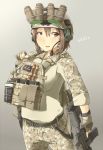  1girl ammunition_pouch assault_rifle ayyh brown_eyes brown_hair camouflage carabiner digital_camouflage eotech fingerless_gloves gloves gun handgun headset heckler_&amp;_koch helmet highres hk416 load_bearing_vest looking_at_viewer magazine_(weapon) military night_vision_device open_mouth operator original plate_carrier rifle short_hair solo trigger_discipline weapon 