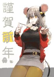  1girl animal_ears artist_name bell_ear_ornament belt bird black_belt black_ribbon black_sweater black_tail blush breasts chinese_zodiac closed_mouth commentary_request cowboy_shot ear_ribbon eating eyelashes fingernails grey_hair grey_skirt hands_up high-waist_skirt highres holding holding_skewer jacket jun_(navigavi) large_breasts long_hair long_sleeves looking_at_food looking_down mouse_(animal) mouse_ears mouse_girl mouse_tail nose open_clothes open_jacket original pantyhose pencil_skirt penguin red_jacket ribbon skewer skirt solo sweater sweater_tucked_in tail translation_request turtleneck turtleneck_sweater white_background year_of_the_rat yellow_eyes yellow_pantyhose 
