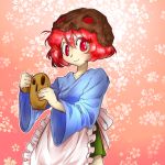  androgynous apron flower hakama haniwa_(statue) helmet japanese_clothes katano_sukune len&#039;en red_eyes redhead short_hair skirt smile solo unibazooka 