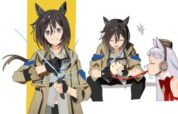  +++ 2girls animal_ears apple betti_(xx_betti) black_gloves black_hair bow bowtie brown_coat brown_hair closed_eyes coat collared_shirt earrings eating fingerless_gloves food fruit gloves goggles goggles_around_neck gold_ship_(red_strife)_(umamusume) gold_ship_(umamusume) grey_hair hair_between_eyes highres holding holding_food holding_fruit holding_knife horse_ears horse_girl jewelry knife long_hair long_sleeves multiple_girls multiple_views peeling red_bow red_bowtie shirt sitting stay_gold_(sunlit_outsider)_(umamusume) stay_gold_(umamusume) u_u umamusume white_shirt 