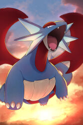  black_eyes claws clouds commentary_request fangs flying highres looking_down no_humans open_mouth outdoors pokemon pokemon_(creature) pokemon_focus rumine_(yoshi1234567) salamence sky solo tongue twilight 