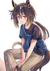  1girl absurdres animal_ears black_hair black_shirt blue_shirt blush brown_eyes brown_hair camellia_(camel_mal) camouflage camouflage_pants casual clothes_across_chest commentary_request ear_covers fanny_pack hair_between_eyes highres horse_ears horse_girl horse_tail jacket_across_chest long_hair looking_at_viewer multicolored_hair open_mouth pants shirt sitting smile stay_gold_(casual)_(umamusume) stay_gold_(umamusume) streaked_hair tail umamusume white_hair 