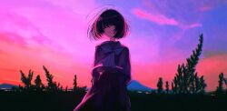  1girl absurdres arms_behind_back banakotakemaru black_hair black_sailor_collar black_serafuku black_shirt black_skirt blue_neckerchief closed_eyes clouds cloudy_sky colorful_clouds commentary_request cowboy_shot dusk facing_viewer highres loose_hair_strand mountainous_horizon neckerchief original outdoors purple_sky sailor_collar school_uniform serafuku shirt short_hair skirt sky solo tree 