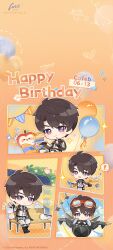  ! 1boy absurdres aircraft airplane apple balloon bench bird birthday_cake black_boots black_gloves boots brown_hair bus_stop cake caleb_(love_and_deepspace) character_name chibi chibi_only closed_mouth copyright_name dated finger_to_mouth fingerless_gloves flying food fork fruit full_body gloves goggles goggles_on_head happy highres holding holding_food holding_fork love_and_deepspace male_focus multiple_views official_art official_wallpaper open_mouth orange_background panties pennant short_hair sitting smile sparkle spoken_exclamation_mark underwear violet_eyes white_panties 