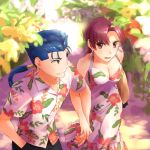  1boy 1girl bazett_fraga_mcremitz blue_hair breasts cleavage dress earrings fate/hollow_ataraxia fate_(series) floral_print flower jewelry lancer misoiri_(gokutsubushi) ponytail purple_hair red_eyes short_hair violet_eyes 